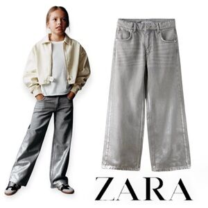 ZARA Kids THE SILVER GREY JEANS Youth Girls Sz 13-14 Wide Leg Metallic Relaxed